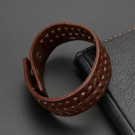 Vintage pánský náramek s širokým pleteným náramkem z umělé kůže s manžetovým knoflíkem