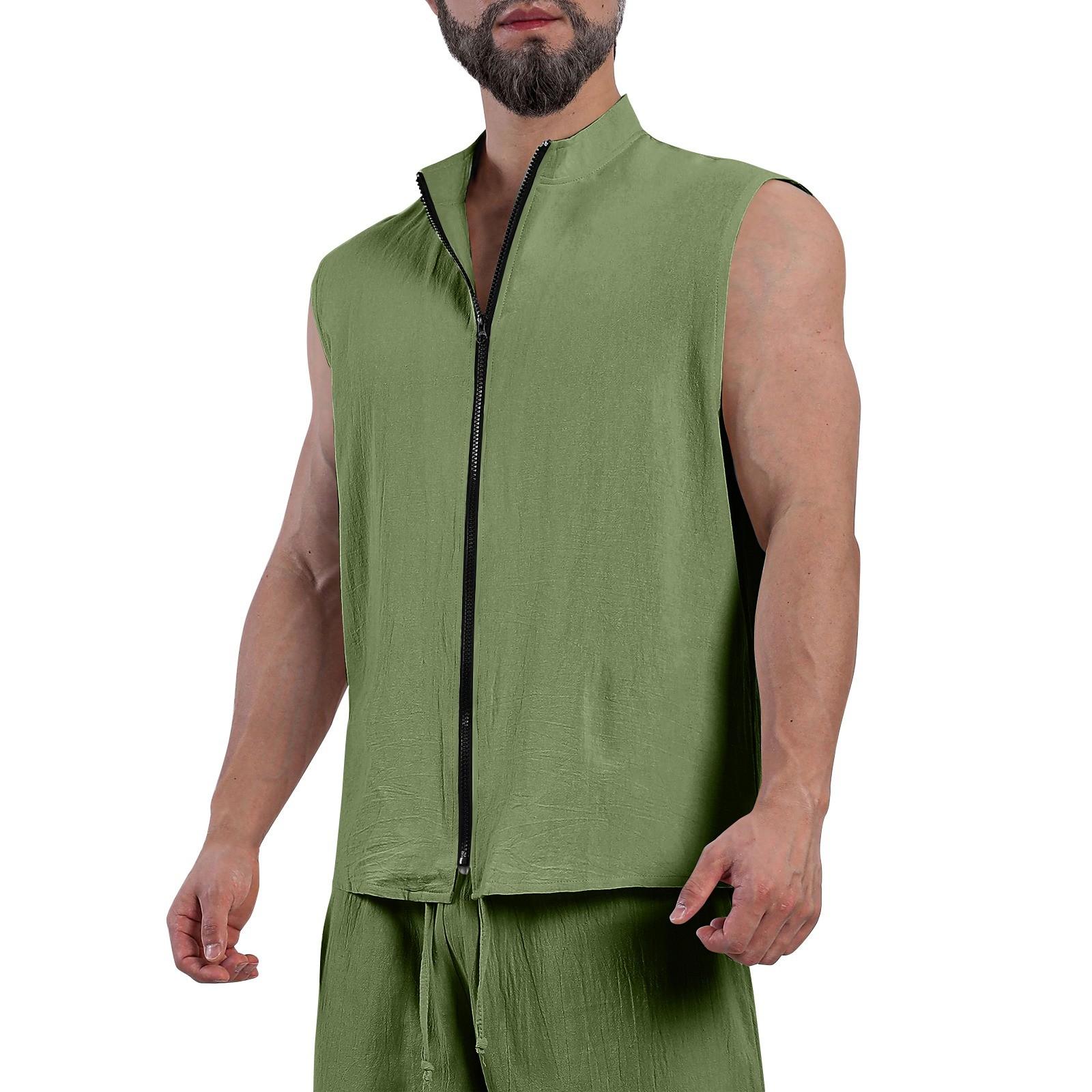 

Чоловіча однотонна бавовняно-лляна сорочка без рукавів на ґудзиках зі стійкою XL зелений