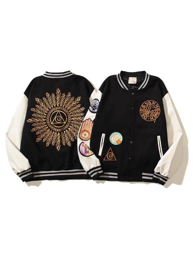 Men's High-End Scruffy Baseball Jacket with Sun Illuminati Eye Embroidery