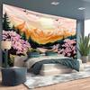 Mountain Tapestry Nature Forest Pink Cherry Blossoms for Bedroom Aesthetic Sunset Wall Hanging Orange and Green Landscape for