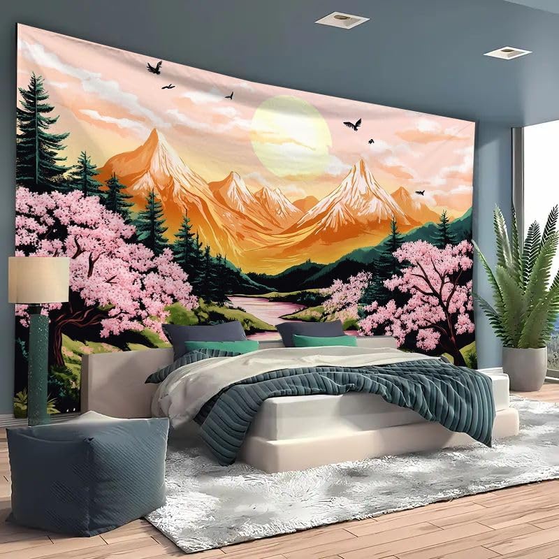Mountain Tapestry Nature Forest Pink Cherry Blossoms for Bedroom Aesthetic Sunset Wall Hanging Orange and Green Landscape for