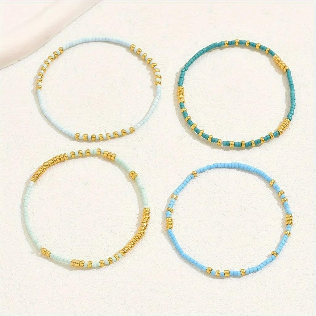 4pcs/set Bohemia Turquoise Color Seedbeads Stretch Bracelet Jewelry Glassbeads Elastic Handmade for Women Girls Daily Wear Gifts