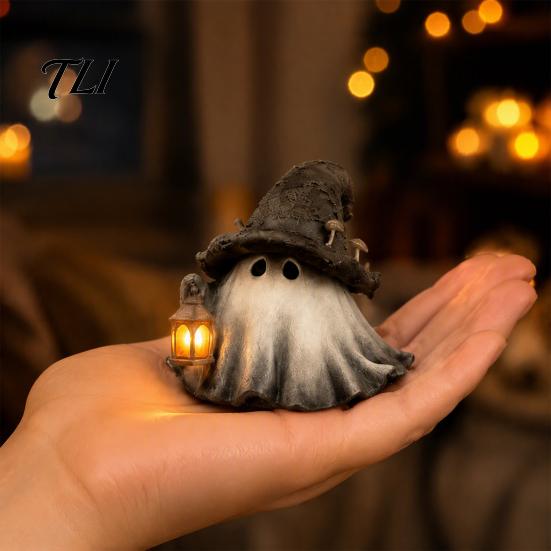 Cute Ghost Night Light Halloween Wizard Hat Resin Figurine with LED Lighted Lantern, Vintage Small Table Decor Witch Statue for Fall