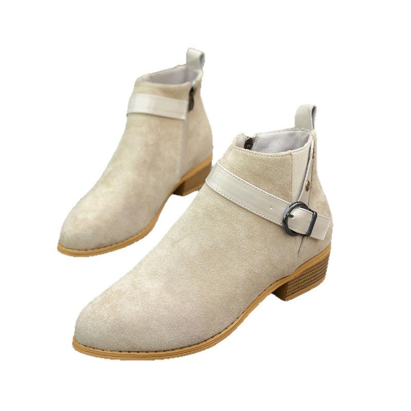 Large Size Short Boots Women's Pointed Head Heel Side Zipper Suede Belt Buckle Martin Boots Women's Boots