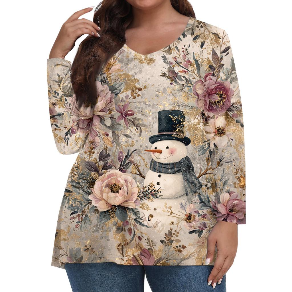 Women's Fashionable Casual Long Sleeved Plus Size  Print Top Plus Size Floral Print Top