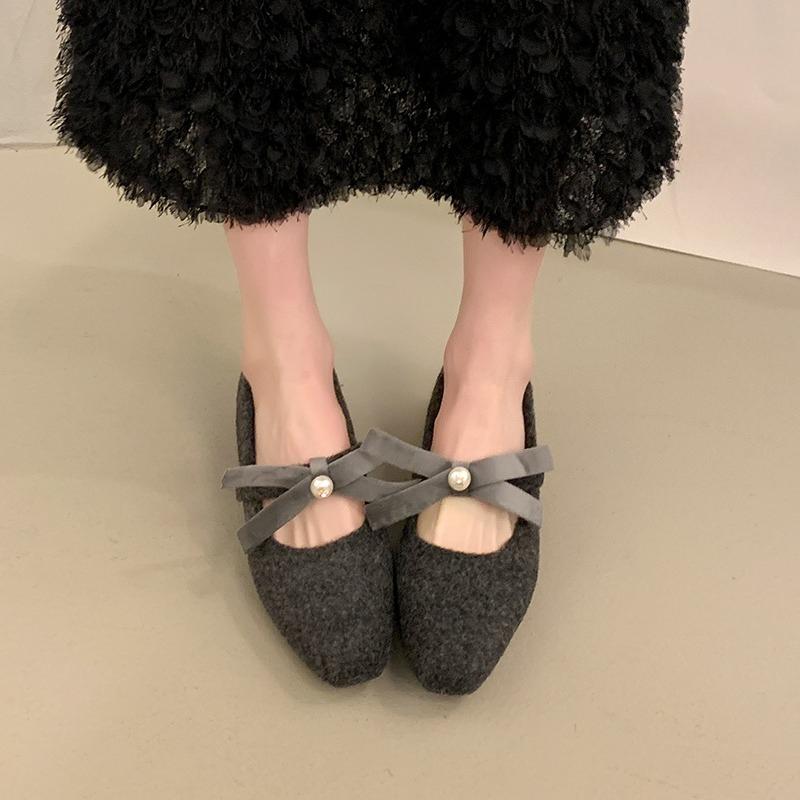 2026 Spring New Coarse Heel Single Shoes Women's Fashion Square Head Shallow Mouth Suede Butterfly Knot Non-slip Low Top Shoes
