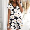 Summer Fashion Women's V Neck Short Sleeve Peacock Feather Feather Printed  Dress Sex Short Skirt Dresses