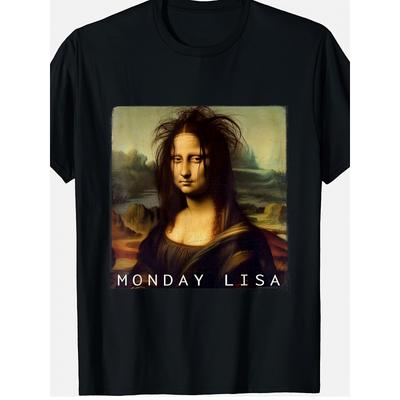 Vtipné pondělní tričko Lisa Mona Lisa Parodie - Humorné umělecké tričko s měkkou strečovou látkou, volný střih, unisex tričko vhodné pro muže a ženy,