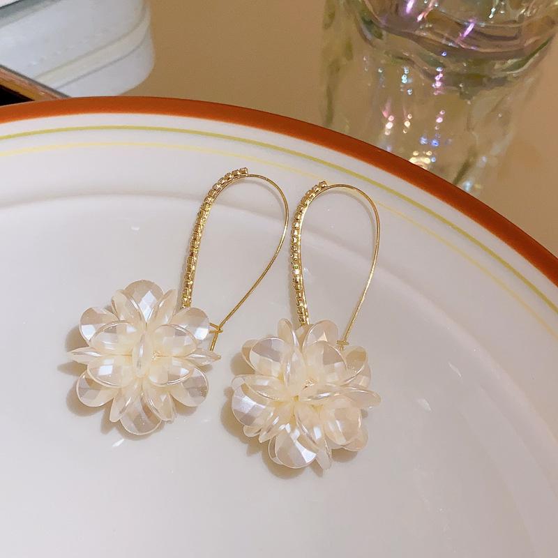 Summer Long Flower Earrings Hand-made Pearl Beaded Korean Shiny Earrings Sweet Jewelry Gifts