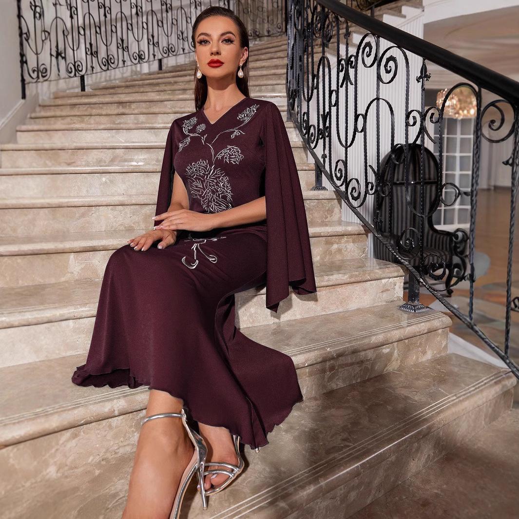 

Вышитое платье облегающего кроя с рукавами «летучая мышь» для женщин - Коллекция весна/лето XL вино красного