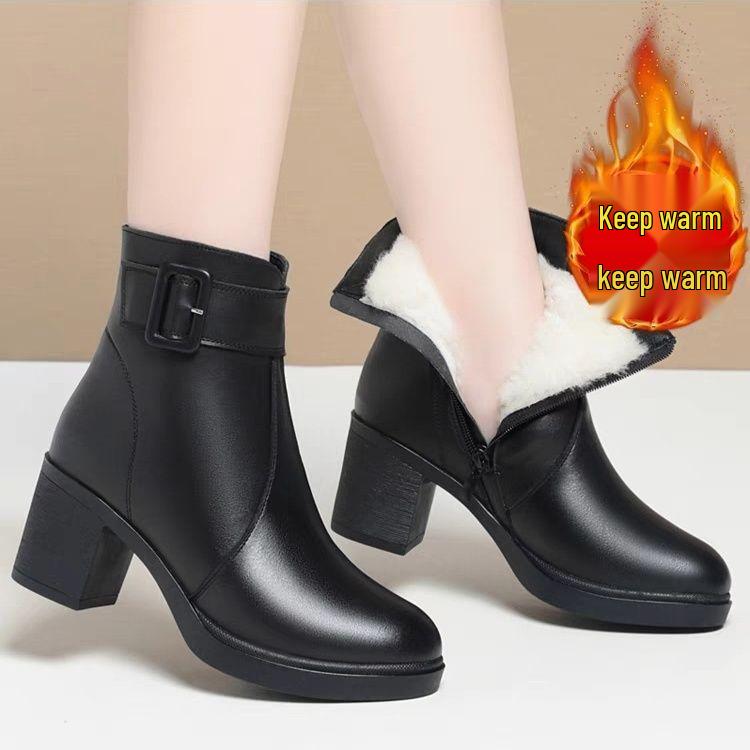Damen Stiefeletten mit Blockabsatz, Fleecegefütterte Lederschuhe für den Winter, Mittelhoher Absatz, Weiches Leder, Ideal für Frauen mittleren Alters und Mütter