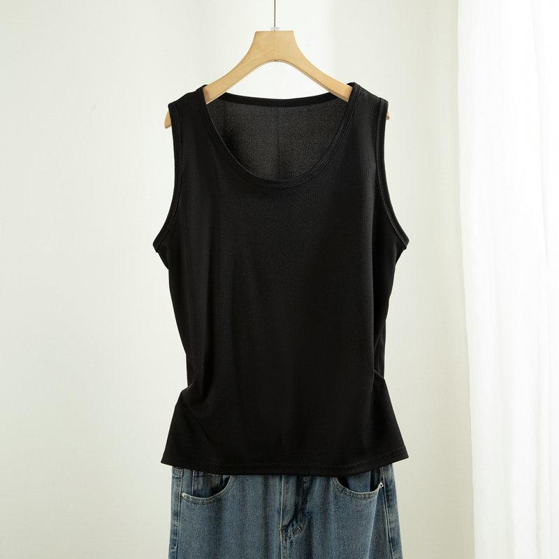 Women's Plus Size Ice Silk Ribbed Sleeveless Tank Top with Wide Shoulders, Round Neck, Ideal for Summer Outerwear or Innerwear.