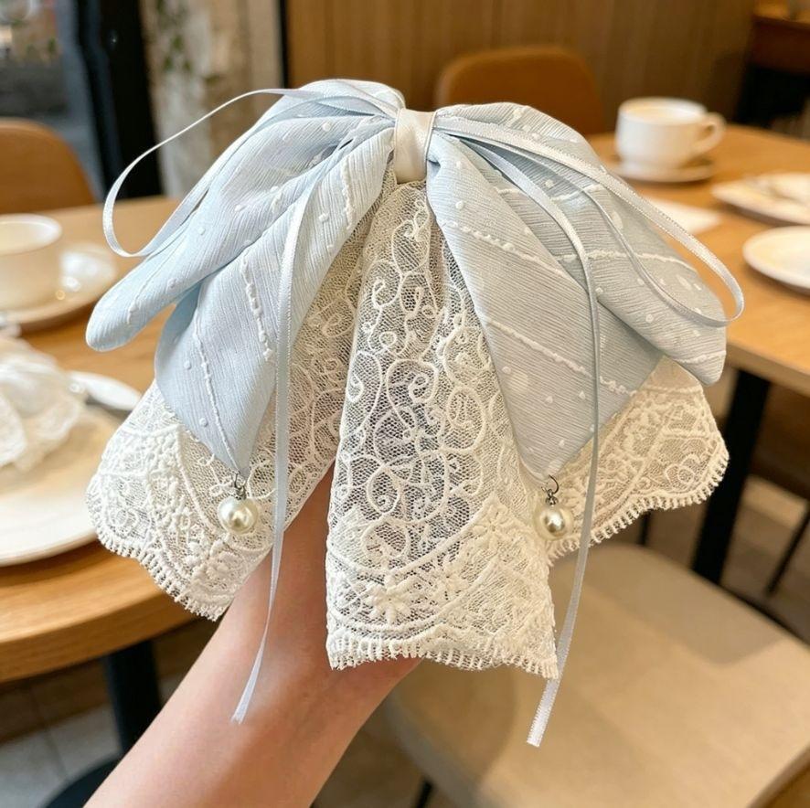 Soft Korean Chiffon Mesh Big Bow Shark Clips Women Gentle Temperament Half Tie Ponytail Daily Vacation Wedding Lace Hair Accessories for Her