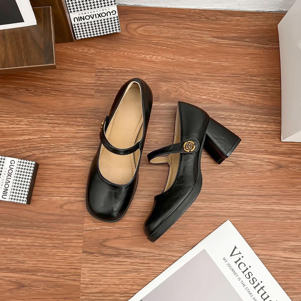 2025 High Heels Women's Thick Heel Premium French Retro Single Shoes Women's Camellia Waterproof Table Comfortable Soft Sole Women's Shoes