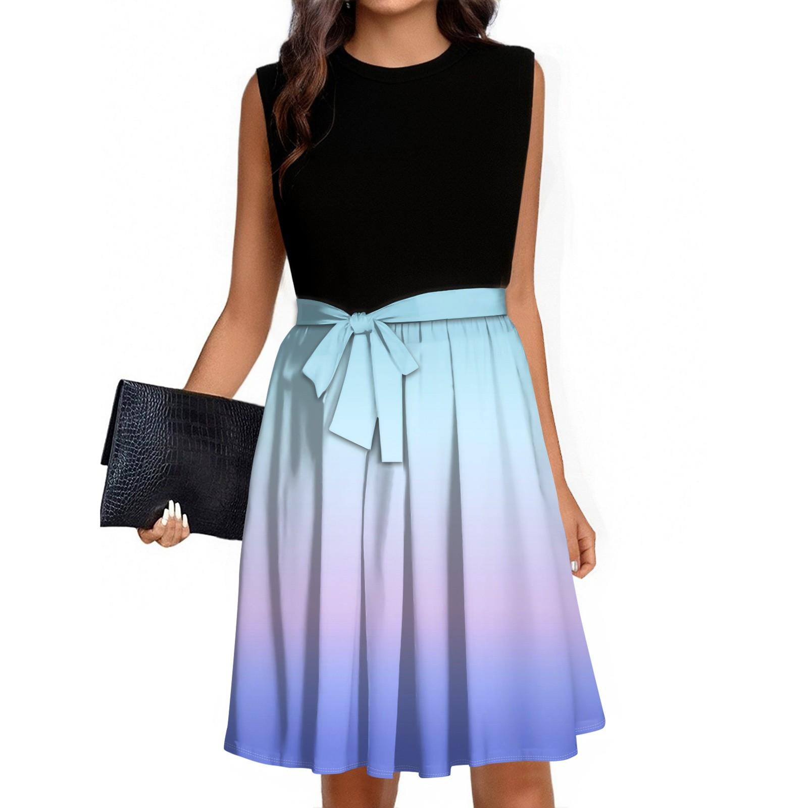 Women s Fashion Casual Lace-up Sleeveless Round Neck Splicing Short Dress S