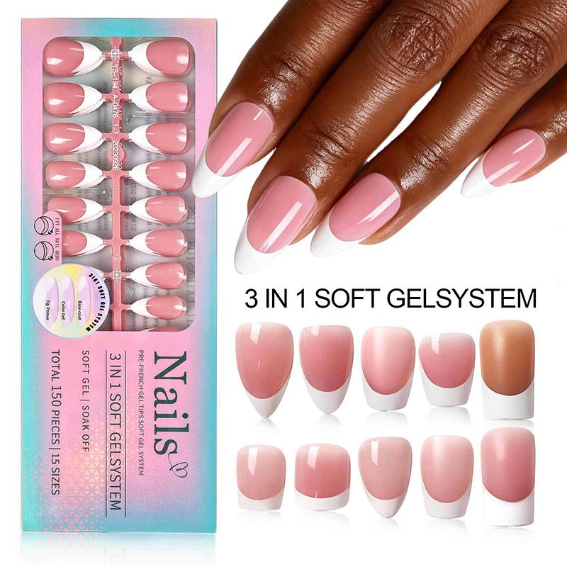 150Pcs/Boxed French Gel Tips Press On Nails Almond Nails 15 Sizes Pre-Applied Fake Nails For Manicure Extension