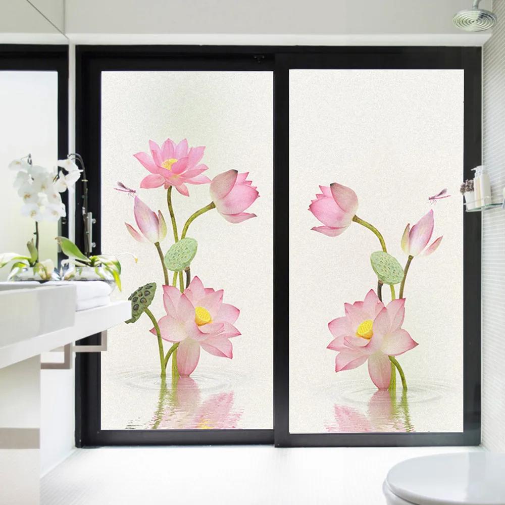 Static Cling Privacy Window Film Decorative Lotus Flower Window Treatments Window Coverings Glass Sticker for Home