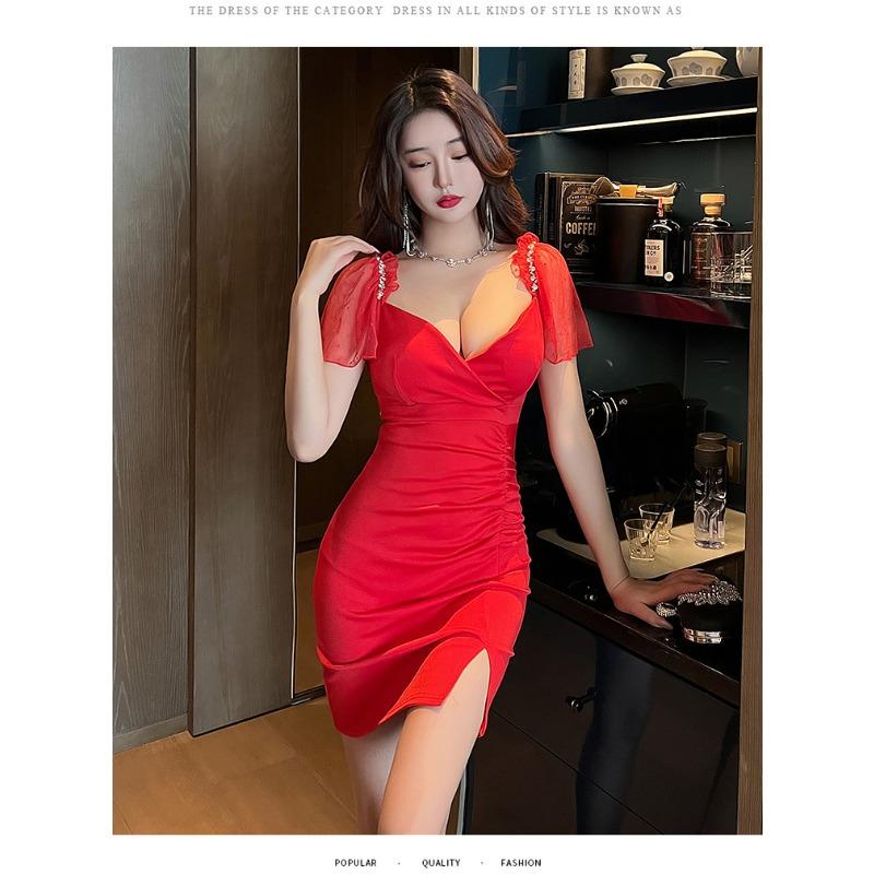 

Women s clothing summer new slim-fitting sexy low-cut deep-necked slim night sauna hip-wrapped dress XL червоний