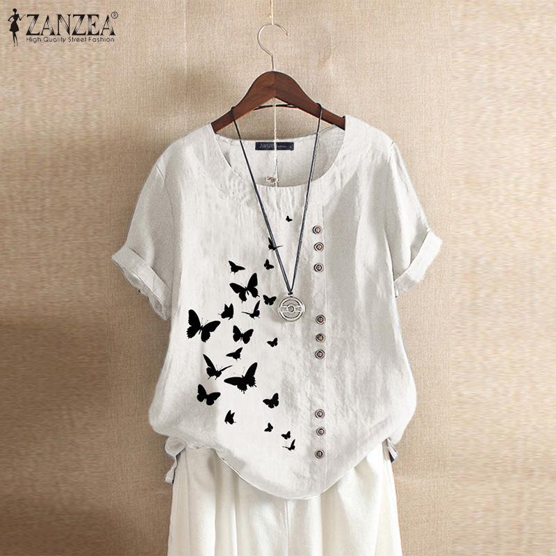 

ZANZEA Лето Женщины Бабочка Принт с коротким рукавом Футболка Повседневная Свободная пуловер Кафтан Блузка