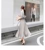 JINJUDUO Long Sleeve Pleated Fashionable Plain Button Closure Long Dress with Waistband and Belt Women's Autumn/Winter Dress, (Gray, XX-Large)
