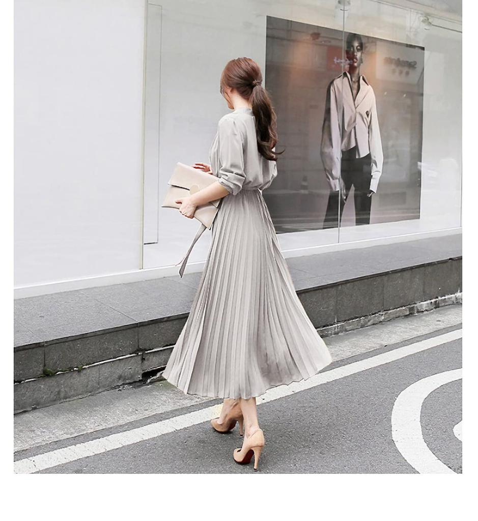 JINJUDUO Long Sleeve Pleated Fashionable Plain Button Closure Long Dress with Waistband and Belt Women's Autumn/Winter Dress, (Gray, XX-Large)