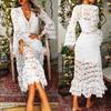 Primavera e outono vestido feminino sexy transparente renda manga longa com decote em v vestido longo grande balanço