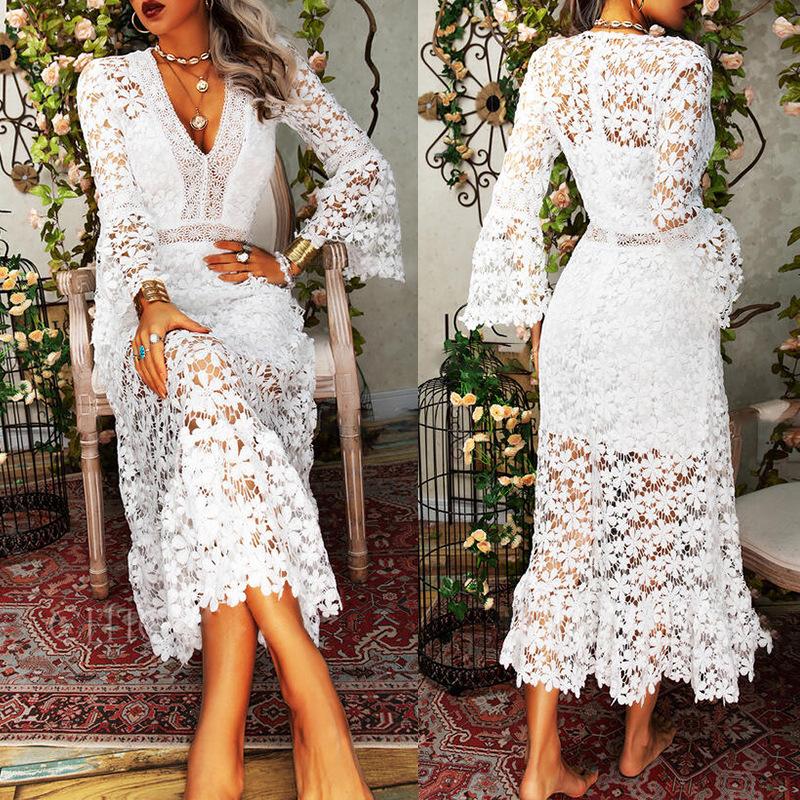Primavera e outono vestido feminino sexy transparente renda manga longa com decote em v vestido longo grande balanço