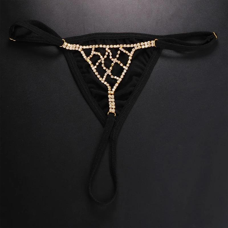Sexy Strass-Netz-Ketten-Tanga-Slips für Damen Einfacher Strand-Nachtclub-Kristall-Tanga Unterwäsche Taille Körperketten Schmuck