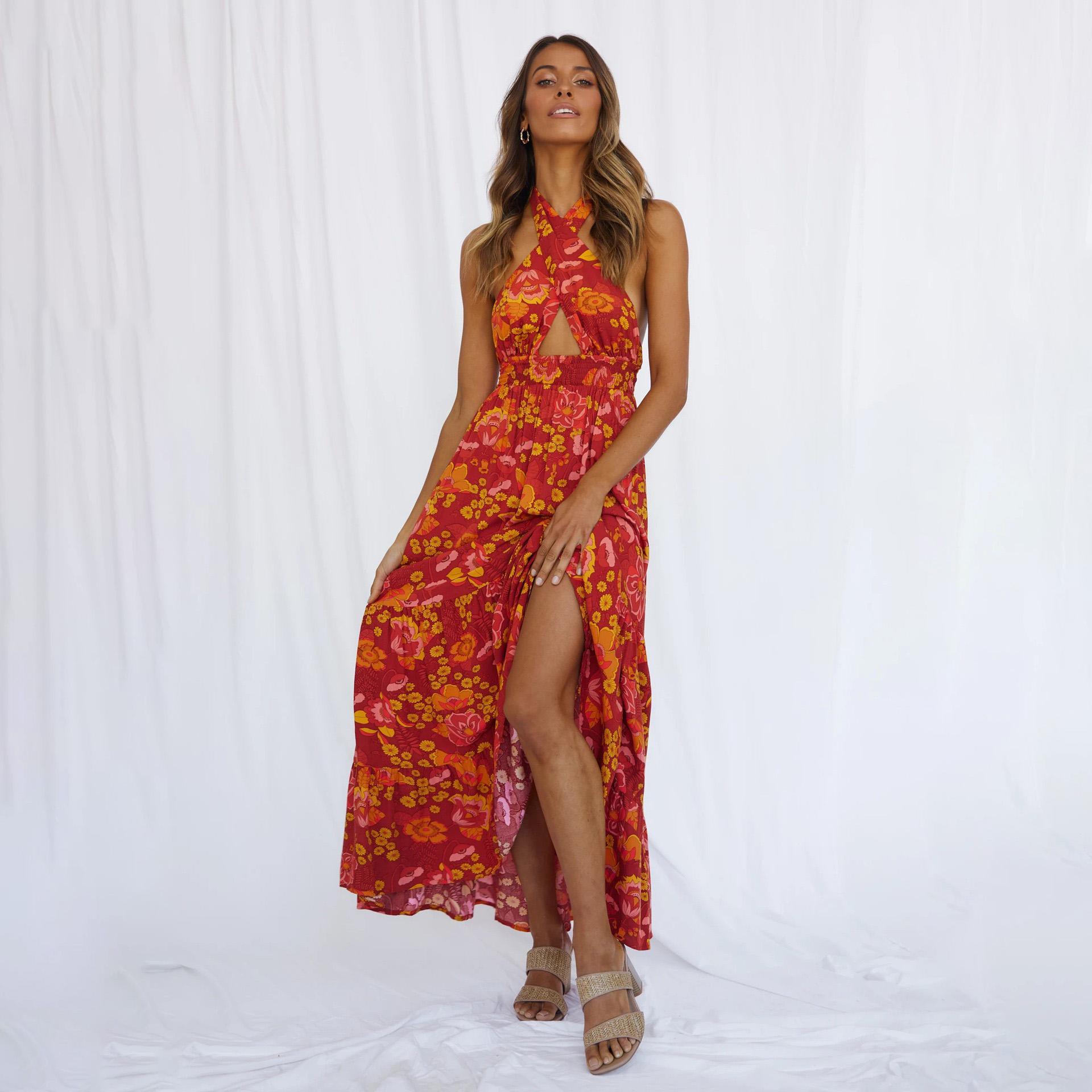 

Женское весеннее платье без рукавов с цветочным принтом и висячим вырезом, весеннее повседневное платье А-силуэта длиной до щиколотки с высокой талией и разрезом, сексуальное платье на бретелях S красный