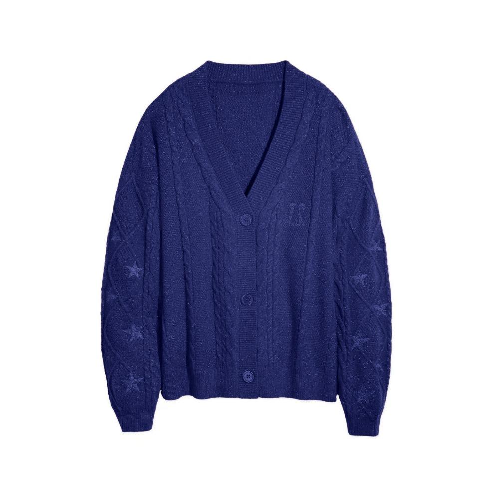 Women's V Neck Cable Knit Cardigan Star Embroidery Loose Lazy Style Wool Sweater Coat