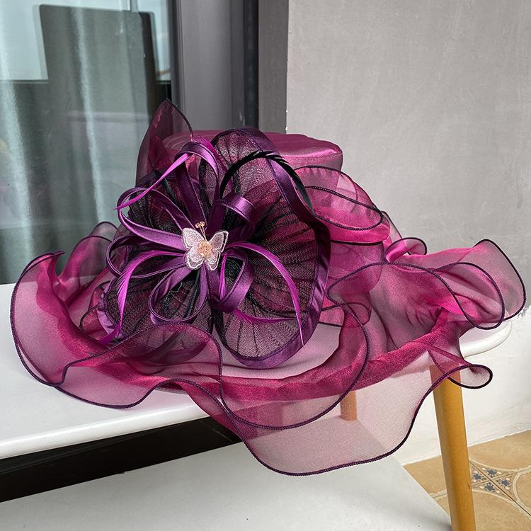 Summer Solid Color Flat Top Hat Big Edge Bow Sunscreen Sun Hat Trendy Brand Organza Sun Hat