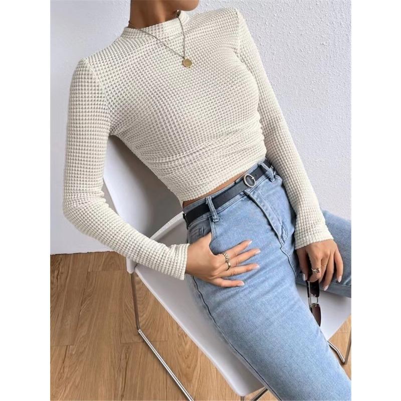 Women S Slim Fit Long Sleeve Round Neck Pleated T Shirt