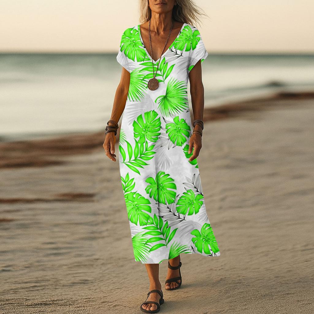 Summer Dress Women's Long Boho Beach Dress Elegant Maxi Dress V-Neck Short Sleeve Summer Tunic Dress Light Airy