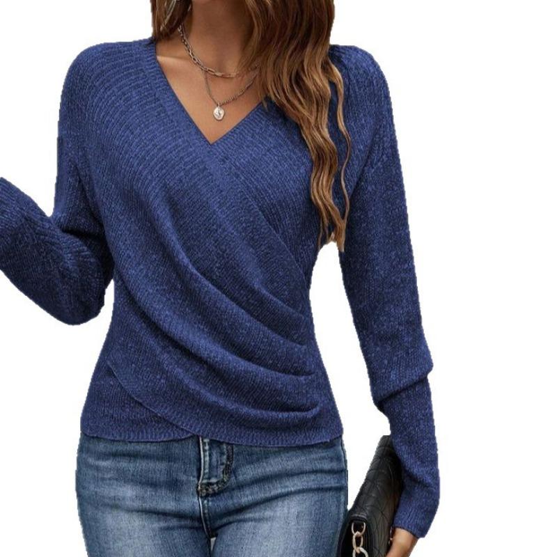 V Neck Long Sleeve Pullover Loose Fit Solid Color Knit Sweater