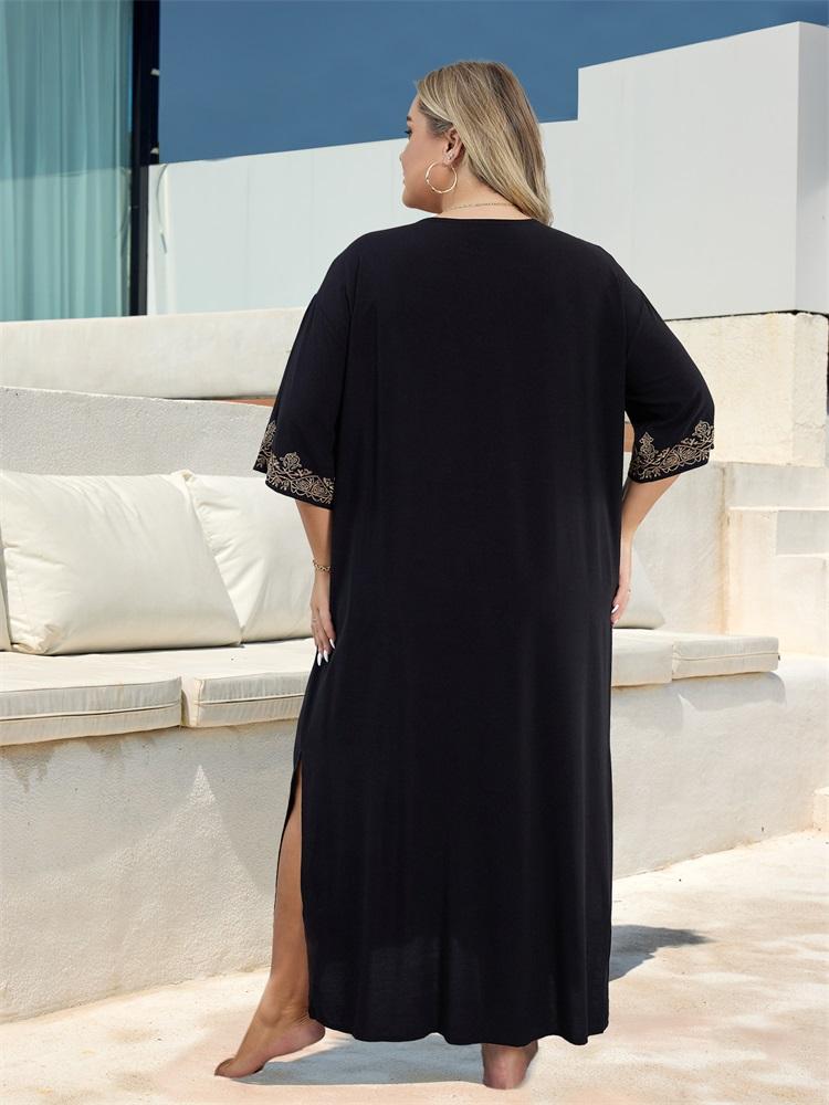 EDOLYNSA Plus rozmiar haftowane czarne damskie sukienki Kaftan wakacyjna sukienka plażowa narzutka na strój kąpielowy strój wypoczynkowy przytulny dom szata Q1676