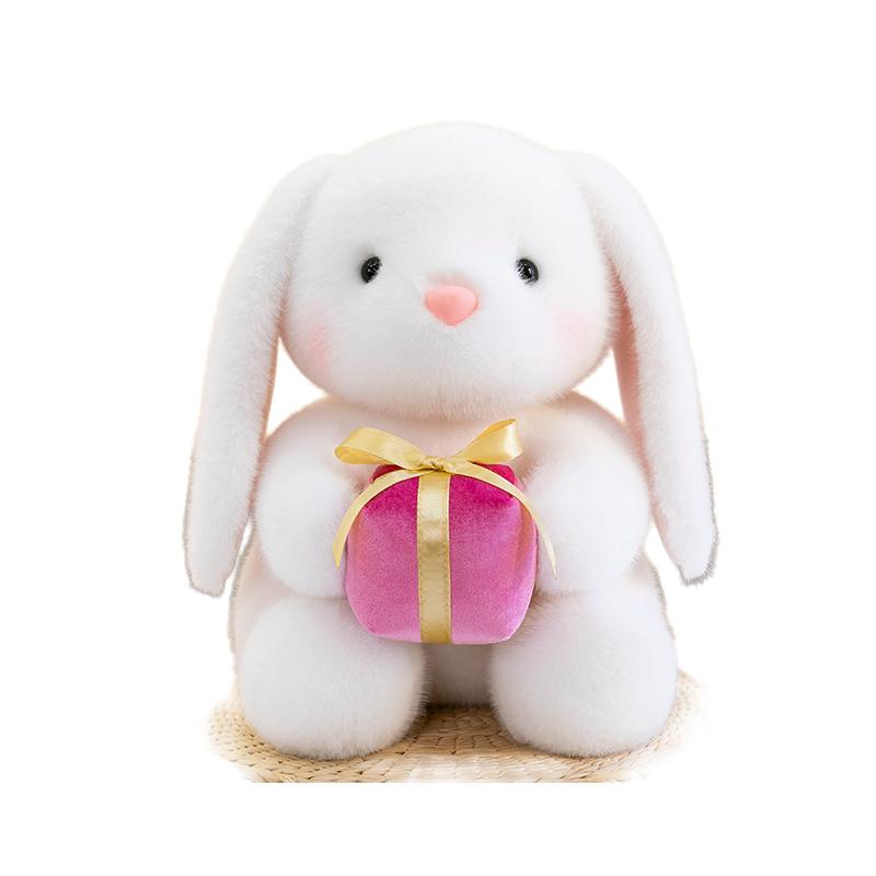 Peluche Lapin Blanc aux Oreilles Tombantes Gracieuse Tenant une Rose Rouge Dire Je T'aime Animal de Dessin Animé Pelucheux Doux Cadeau pour Petite Amie 25cm