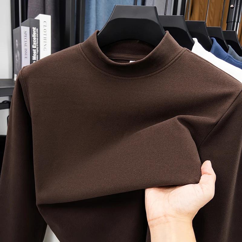 Men's Casual Solid Color High Collar Velvet Long Sleeve T-shirt Spring and Autumn Versatile Comfortable Top