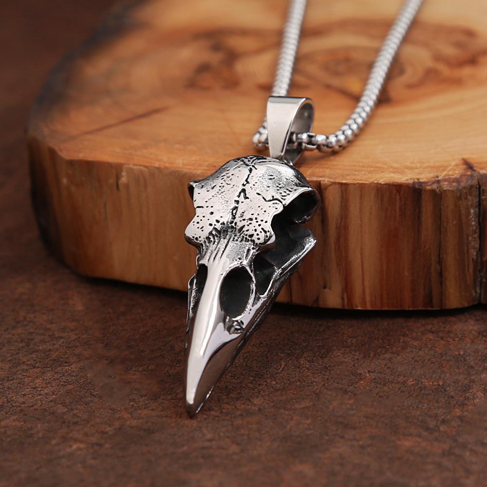 Punk Vintage Viking Crow Head Bird Skull Pendant For Men Stainless Steel Animal Chain Necklaces Fashion Jewelry Gifts