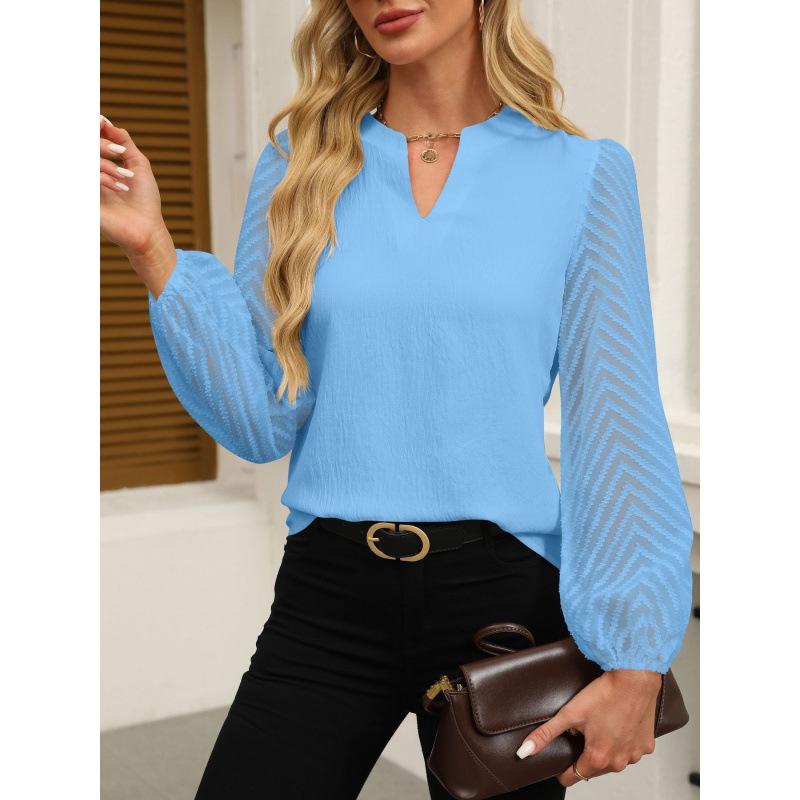 European and American Women's Clothing New Solid Color V-neck Lace Chiffon Shirt