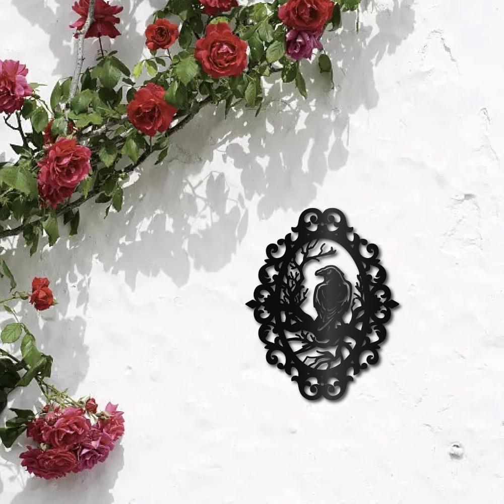 Black Metal Raven Wall Art Crow Wall Sculpture Hanging Ornament Hollow Out Rustic Home Decor for Living Room Balcony 12x9.4 Inch