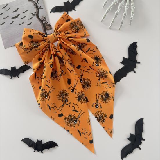 Festive Halloween Hair Accessory Bow Spring Clips for Women, Pumpkin Skeleton Ghost Hand Printed Clip Fabric Barrettes, Cute Horror Accessories