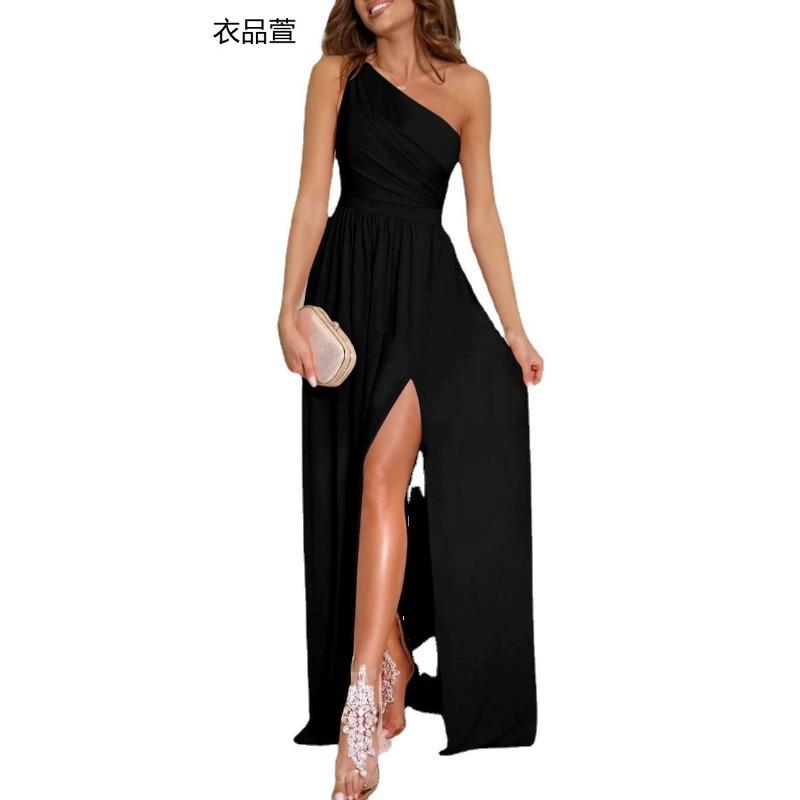 New product, sexy solid color single shoulder hollow neck high waist split super long dress women's clothing