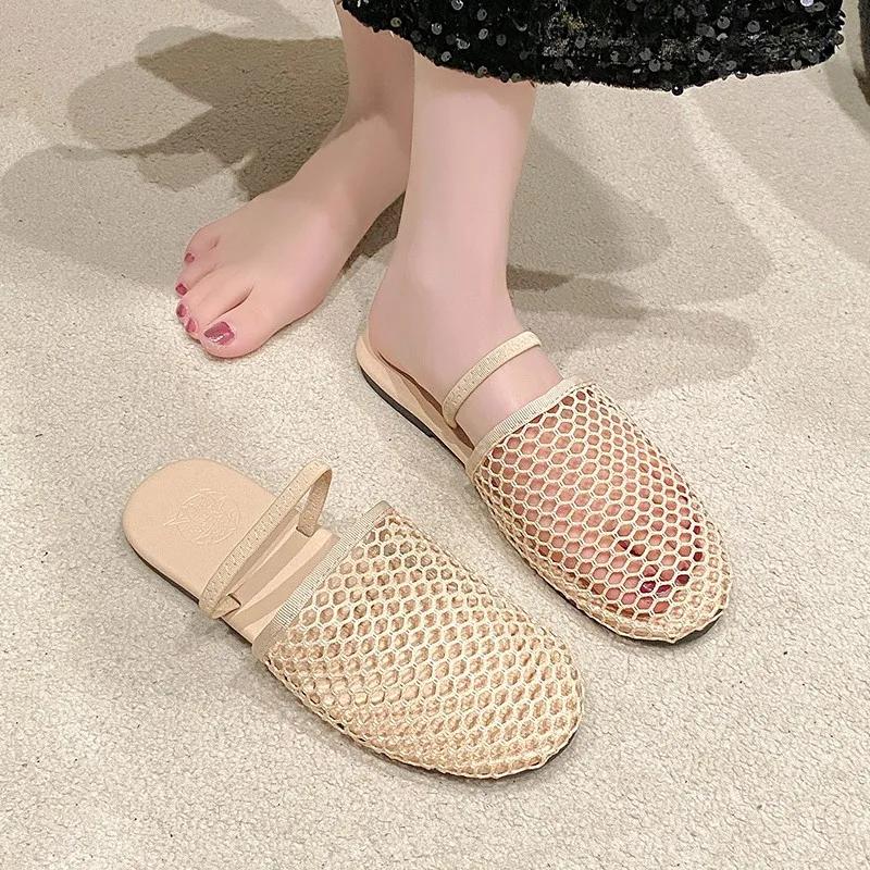 Round Headed Niche Fish Mesh Hollow Ballet Shoes for Women's Summer New Fashionable Flat Bottomed Belt Buckle Sandals