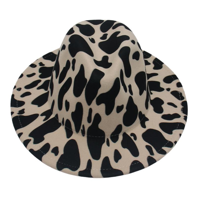 New Six-Color Cow Pattern Top Hat, Men'S And Women'S Color Matching Woolen Big Eave Hat, Jazz Hat, Stage Felt Hat