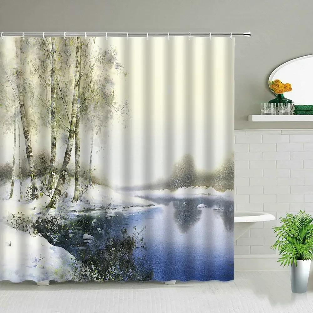 Winter Snow Scene Shower Curtains Trees Natural Scenery 3D Print Waterproof Bathroom Decor Home Bathtub Polyester Curtain Set