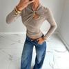 Cross-border Women's Clothing Soft Asymmetrical Pendant Hollow Metal Buckle Decorative Long-sleeved T-shirt Bottoming Shirt Autumn and Winter Women's