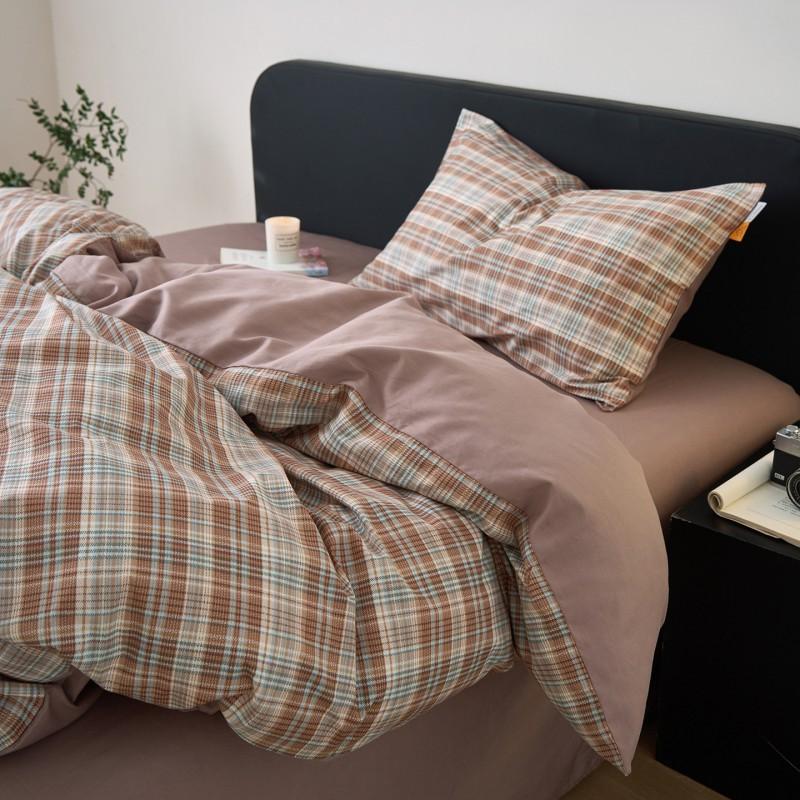 100% Cotton Bedding Set Simple Plaid Dorm Guest Room Bed Sheet Duvet Cover Pillowcase