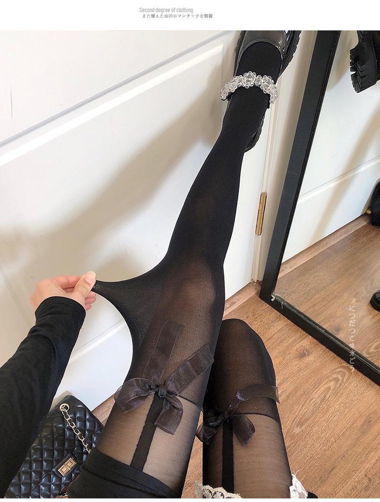 

Японские тонкие черные летние чулки JK: Искусственные бедра, белые колготки с подтяжками, отделка лентами, высокие носки с эффектом иллюзии. One Size чёрный