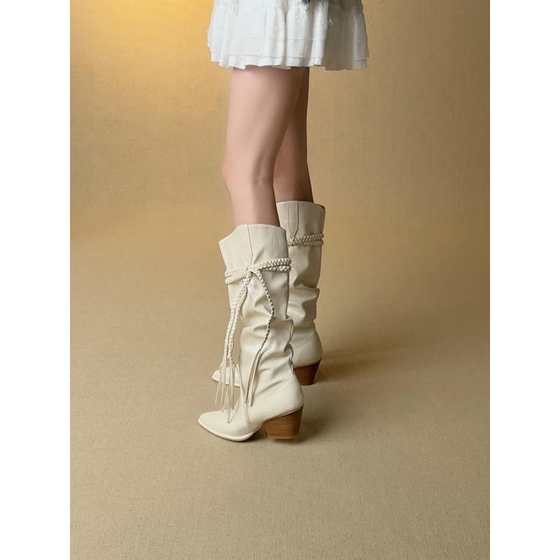 Coarse Heel White Heightening Pile Boots Women's 2025 New Twist Belt Design But Knee High Boots Pointed Western Boots