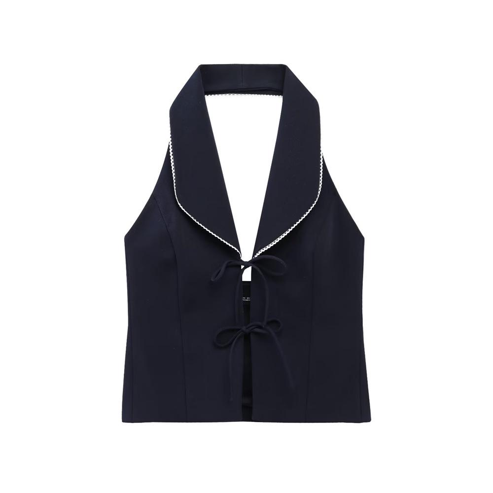 

2025 Spring Women s V-Neck Bow-Knot Halter Vest Top Small темно-синий